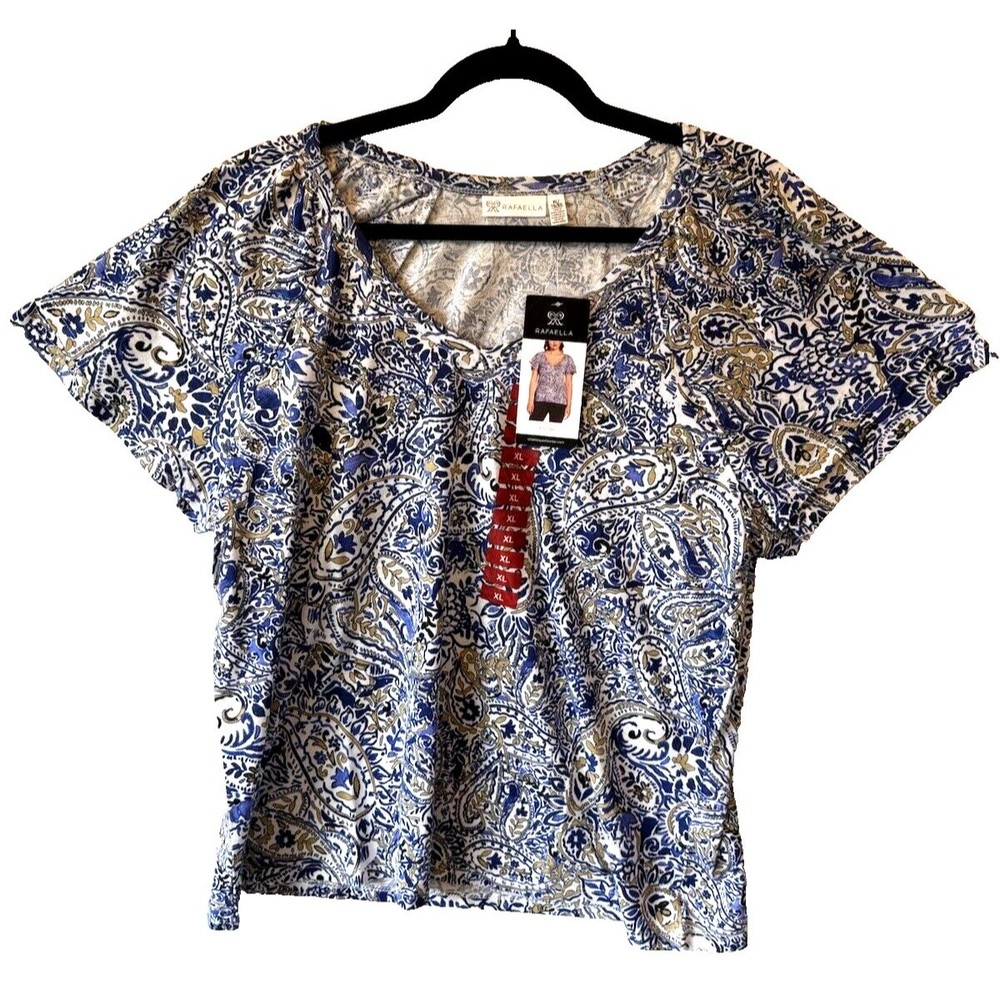 Rafaella Women's Knit Top Blue Paisley Size XL Short Double‎ Sleeve MSRP: $44